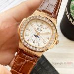 Clone Patek Philippe Annual Calendar Nautilus Watch Brown Leather Strap Diamond Bezel